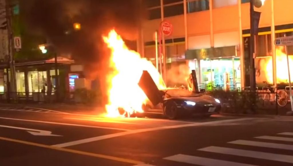 Lamborghini Aventador catches fire in Japan