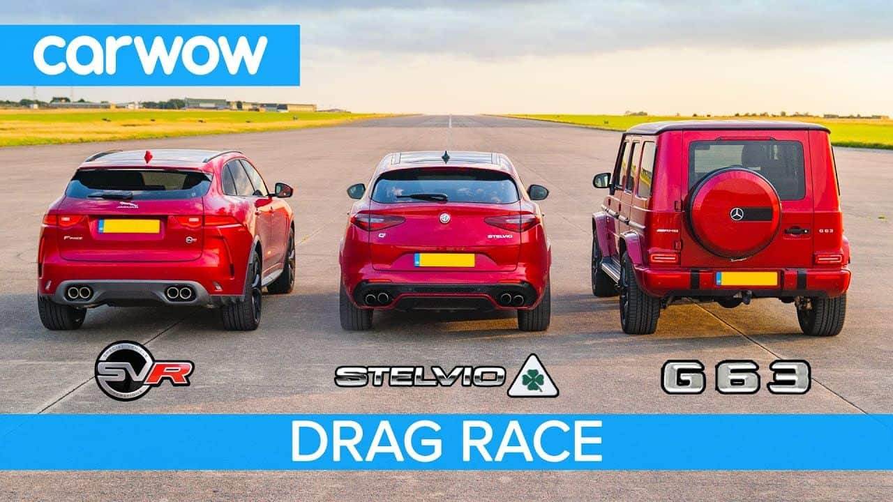 Jaguar F-Pace SVR-Alfa Romeo Stelvio-Mercedes-AMG G63-drag-race